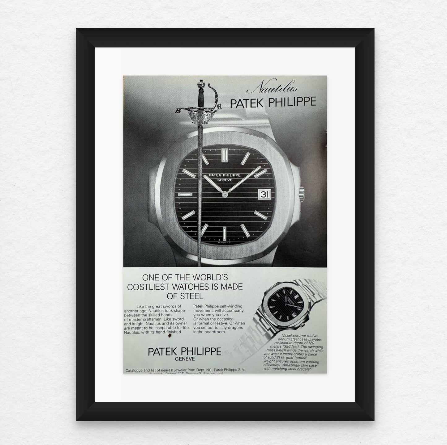 Original 1970s Framed Patek Phillipe Nautilus Advertisement